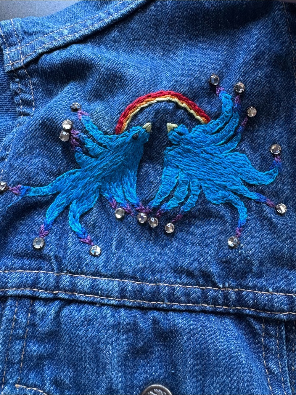 Embroidered Upcycled Dark Blue Denim Jacket w Snap Closure - Unique Handmade - Picture 10 of 14